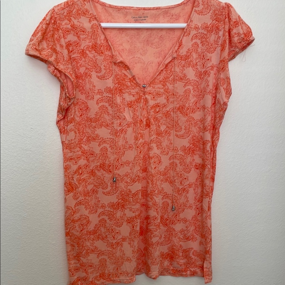 Calvin Klein Orange Fitted Blouse with V-Neckline